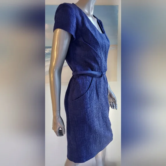 *$2,000 OSCAR DE LA RENTA BLUE SILK LINED DAY DRESS US 8 M